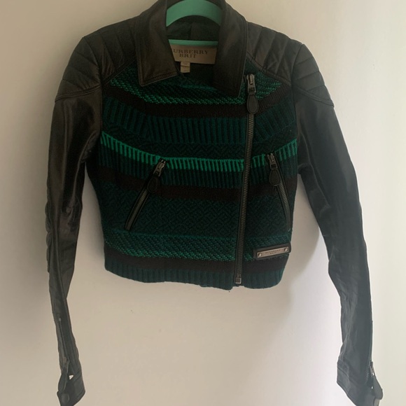 BURBERRY Boho Leather Motorcycle Jacket – Green Tribal Knit, Size XS *SO RARE* - Picture 2 of 11